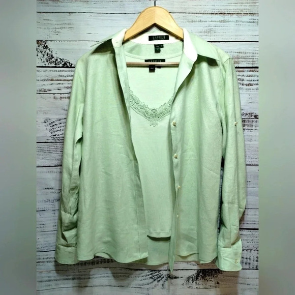 Lauren Ralph Lauren Blouse Set Green size Medium Linen Lightweight‎ Vacation - Picture 1 of 10